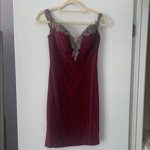 Red Chemise with Plunging Neckline and Lace Detail
